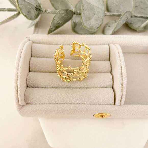 925 Sterling Silver Gold Textured Ring Vine Coral Tree Branch Ring Boho Ring - Picture 5 of 9